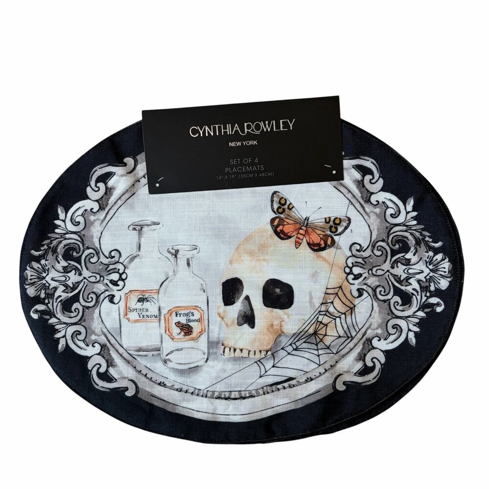 Cynthia Rowley Halloween Placemats Set of 4 Skull Butterfly Goth Oval 14x19 NEW
